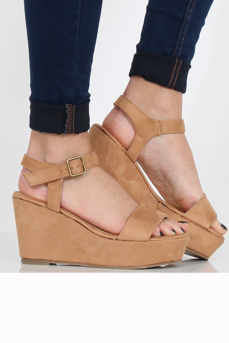 Tan Suede Open Toe Wedge Sandals - Kennie-Sandals