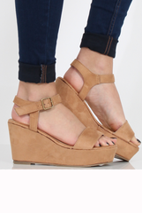 Tan Suede Open Toe Wedge Sandals - Kennie-Sandals