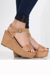 Tan Suede Open Toe Wedge Sandals - Kennie-Sandals