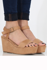 Tan Suede Open Toe Wedge Sandals - Kennie-Sandals