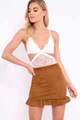 Tan Suedette Frill Hem Mini Skirt - Misse-Skirts