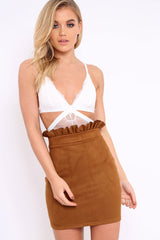 Tan Suedette Ruffle Hem Mini Skirt - Leearna-Skirts