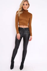 Tan Suedette Top with High Frill Neck - Lorelai-Tops