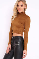 Tan Suedette Top with High Frill Neck - Lorelai-Tops