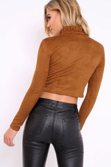 Tan Suedette Top with High Frill Neck - Lorelai-Tops