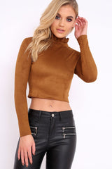 Tan Suedette Top with High Frill Neck - Lorelai-Tops