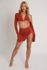 Tan Tie Waist Crop Top & Mini Skirt Co-Ord - Thora-Co-Ords