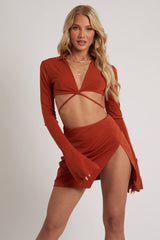 Tan Tie Waist Crop Top & Mini Skirt Co-Ord - Thora-Co-Ords