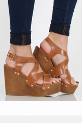Tan Wedge Cut Out Sandals - Kelis-Sandals