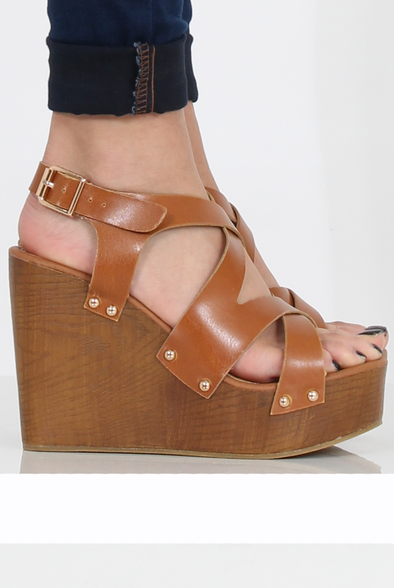 Tan Wedge Cut Out Sandals - Kelis-Sandals