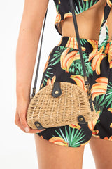 Tan Woven Faux Leather Detail Semi Circle Bag - Devyn-Bags