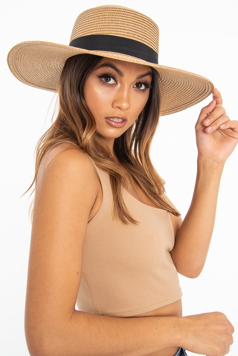 Tan Woven Ribbon Detail Beach Hat - Jamilet-Hats