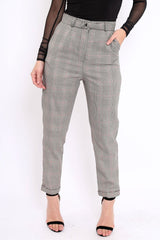 Tartan Grey and Red Ring Belted Tapered Trousers - Pamela-Trousers