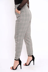Tartan Grey and Red Ring Belted Tapered Trousers - Pamela-Trousers