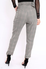 Tartan Grey and Red Ring Belted Tapered Trousers - Pamela-Trousers