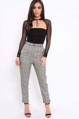 Tartan Grey and Red Ring Belted Tapered Trousers - Pamela-Trousers