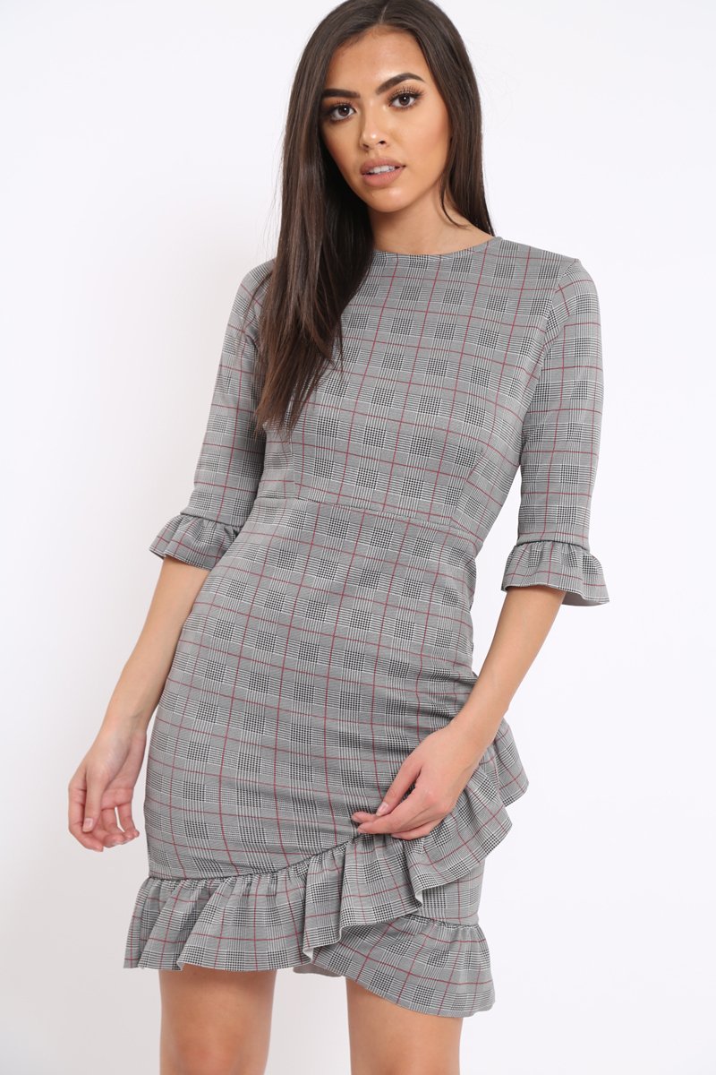 Tartan Hound-Tooth Frill Hem Dress - Caitlin-Dresses