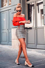 Tartan Hound-Tooth Ruffle Hem Mini Skirt - Abagail-Skirts