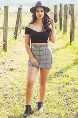 Tartan Hound-Tooth Ruffle Hem Mini Skirt - Abagail-Skirts