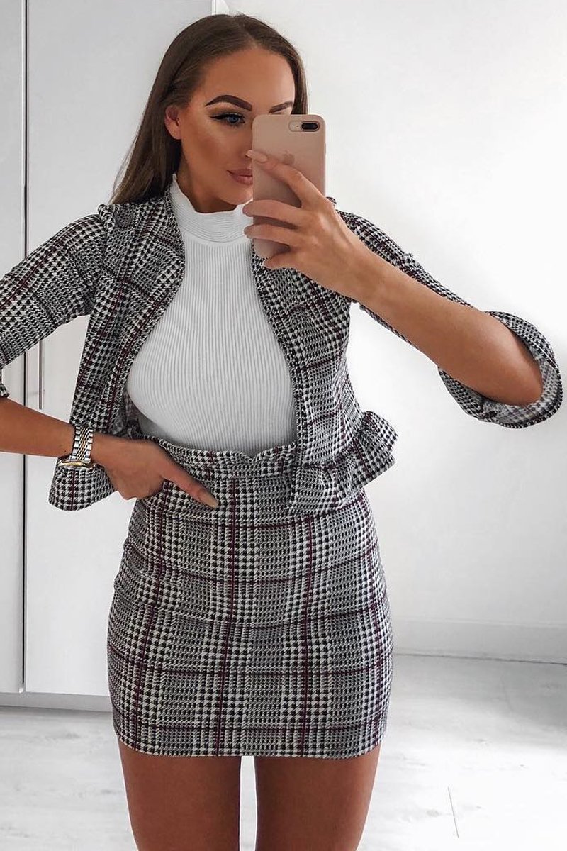 Tartan Hound-Tooth Ruffle Hem Mini Skirt - Abagail-Skirts