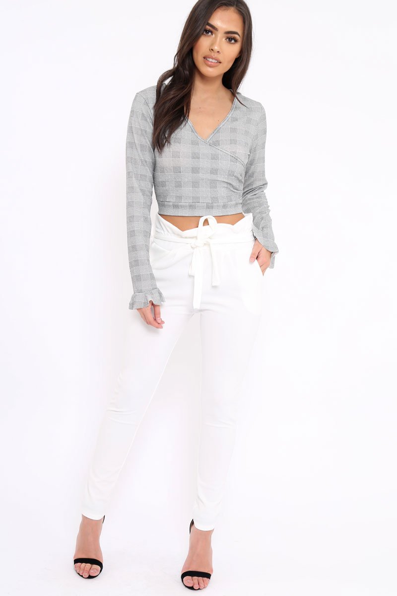 Tartan Plunge Bell Sleeve Crop Top - Merla-Crop Tops