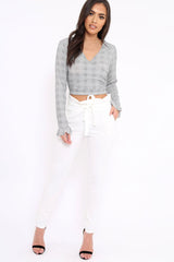 Tartan Plunge Bell Sleeve Crop Top - Merla-Crop Tops