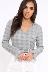 Tartan Plunge Bell Sleeve Crop Top - Merla-Crop Tops