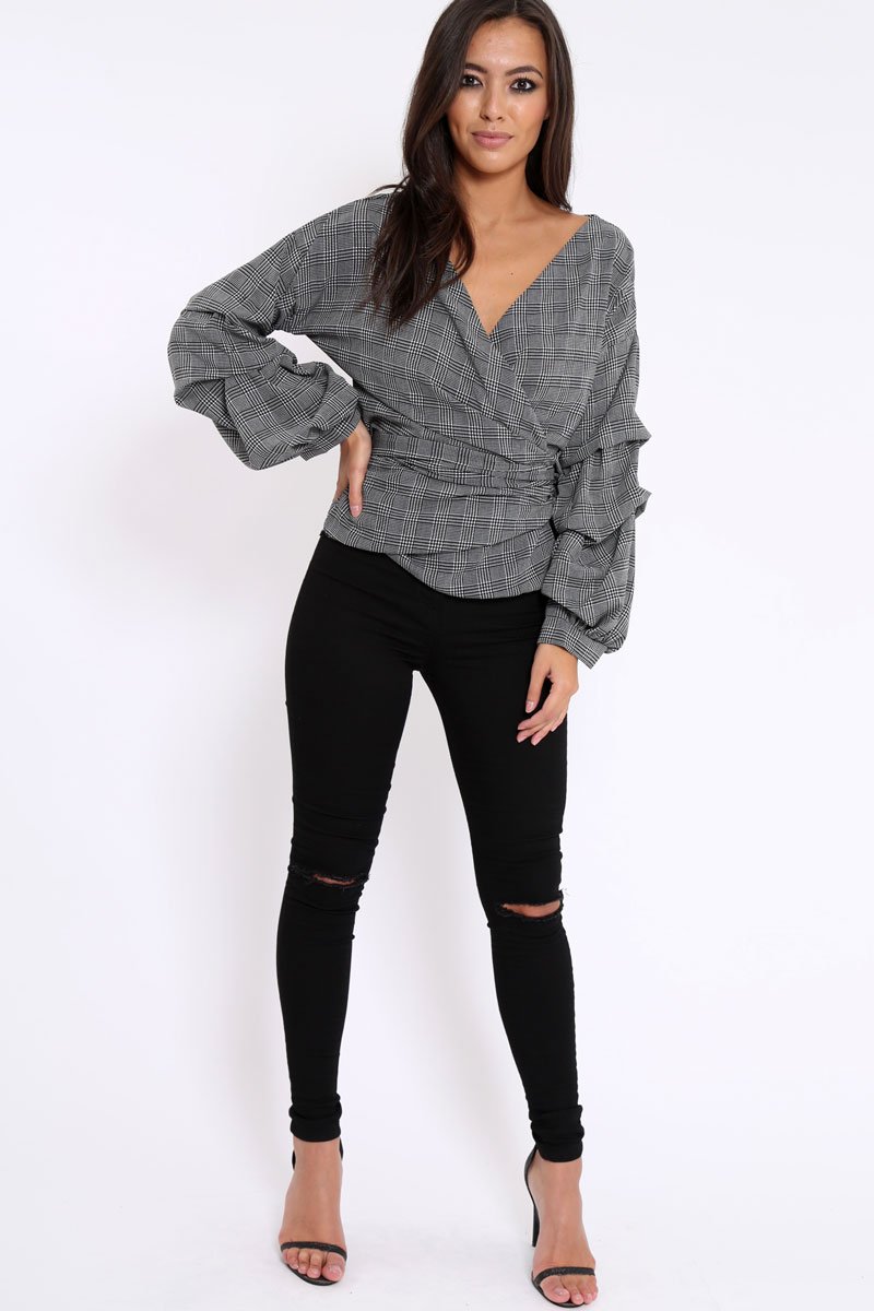 Tartan Ruffle Sleeve Wrapover Top - Susie-Tops