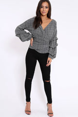 Tartan Ruffle Sleeve Wrapover Top - Susie-Tops