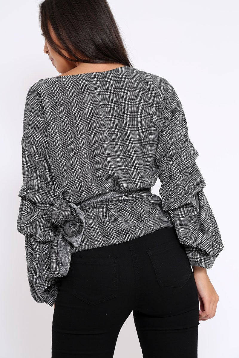 Tartan Ruffle Sleeve Wrapover Top - Susie-Tops