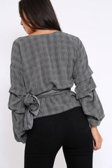 Tartan Ruffle Sleeve Wrapover Top - Susie-Tops
