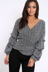 Tartan Ruffle Sleeve Wrapover Top - Susie-Tops