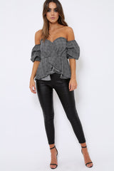 Tartan Sweet Heart Bardot Top with Ruched Sleeves - Kinza-Tops