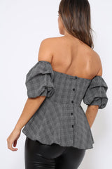 Tartan Sweet Heart Bardot Top with Ruched Sleeves - Kinza-Tops