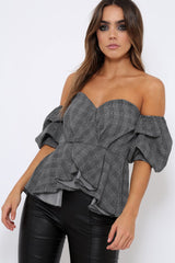 Tartan Sweet Heart Bardot Top with Ruched Sleeves - Kinza-Tops
