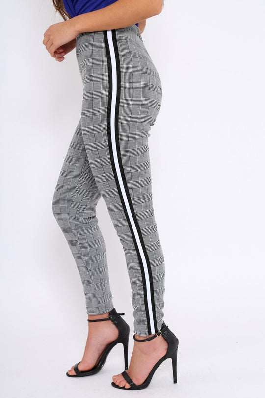 Tartan Trousers with Black and White Side Stripes - Olana