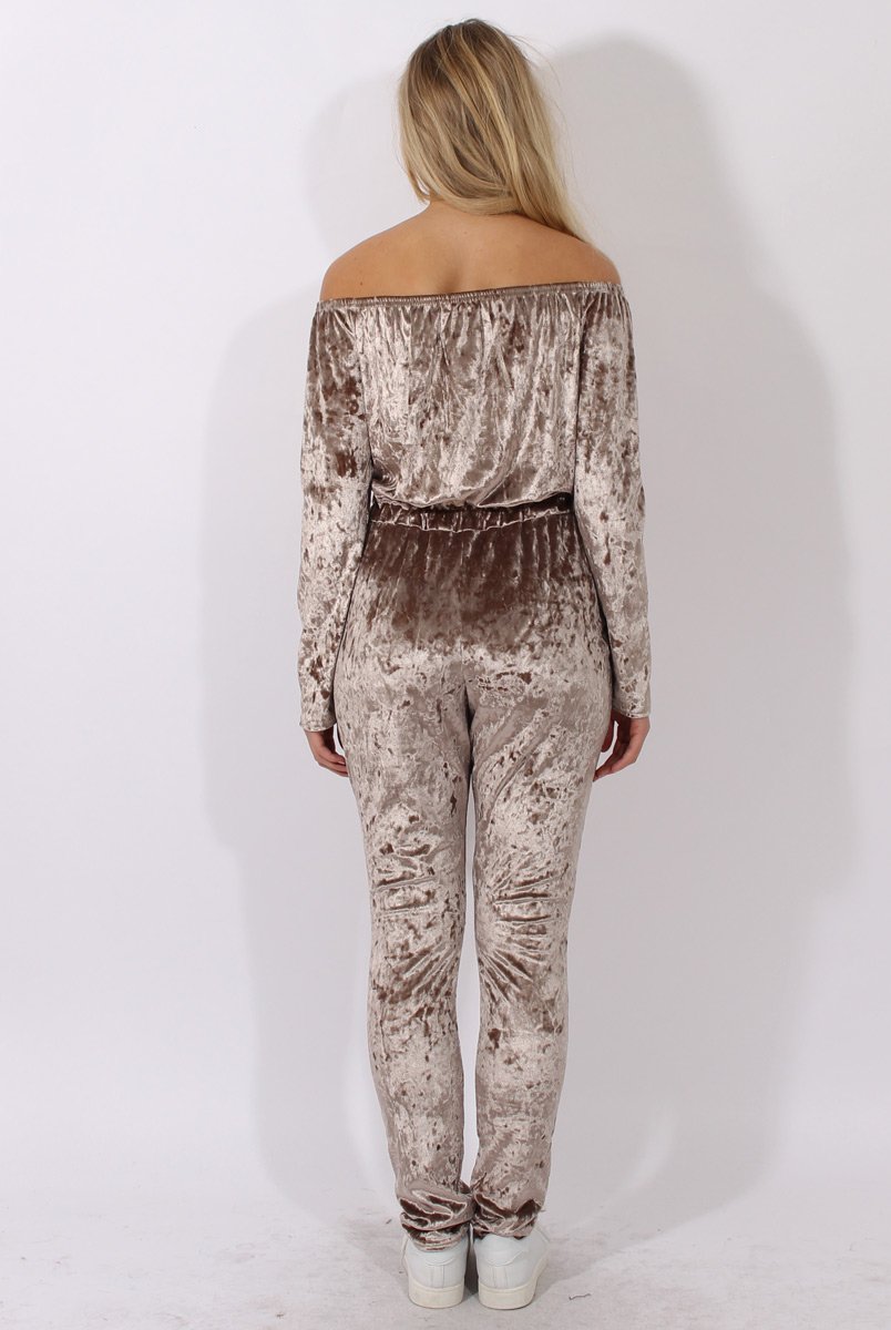Taupe Crushed Velvet Bardot Split Knee Jumpsuit - Binky-Jumpsuits