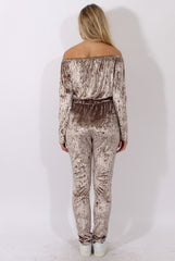 Taupe Crushed Velvet Bardot Split Knee Jumpsuit - Binky-Jumpsuits