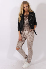 Taupe Crushed Velvet Bardot Split Knee Jumpsuit - Binky-Jumpsuits