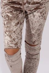 Taupe Crushed Velvet Bardot Split Knee Jumpsuit - Binky-Jumpsuits