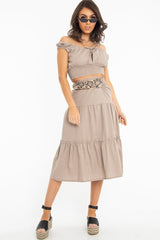 Taupe Ruffle Linen Maxi Skirt - Melodia-Skirts