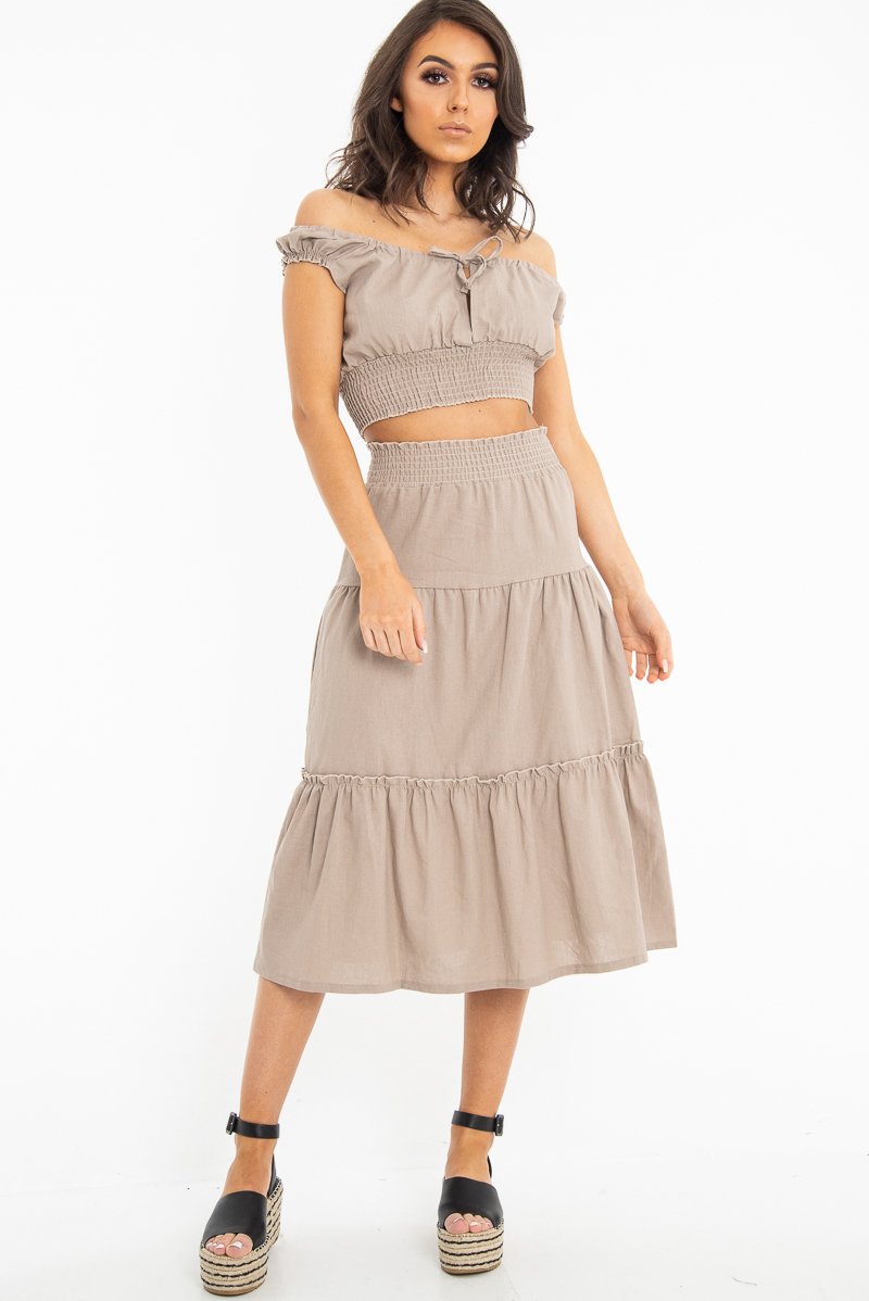 Taupe Ruffle Shoulder Tie Back Crop Top - Melida-Crop Tops