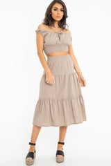 Taupe Ruffle Shoulder Tie Back Crop Top - Melida-Crop Tops