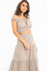 Taupe Ruffle Shoulder Tie Back Crop Top - Melida-Crop Tops