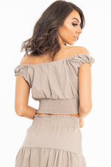 Taupe Ruffle Shoulder Tie Back Crop Top - Melida-Crop Tops