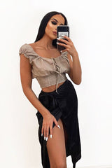 Taupe Ruffle Shoulder Tie Back Crop Top - Melida-Crop Tops