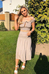 Taupe Ruffle Shoulder Tie Back Crop Top - Melida-Crop Tops