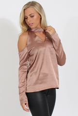 Taupe Satin Cold Shoulder Choker Top - Dana-Tops