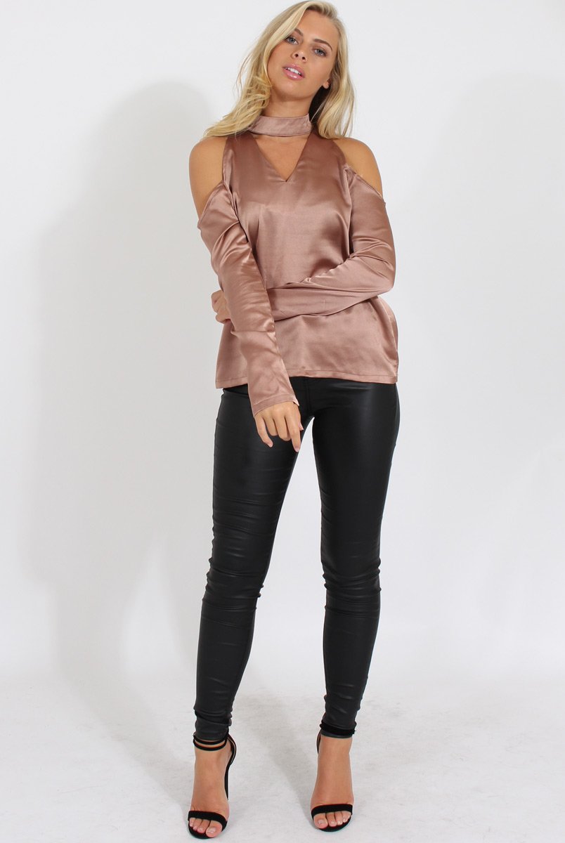 Taupe Satin Cold Shoulder Choker Top - Dana-Tops