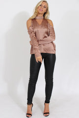 Taupe Satin Cold Shoulder Choker Top - Dana-Tops